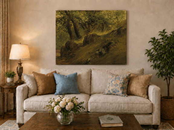 Unframed hand-painted wooded hillside oil painting with mossy rocks and sunlit trees displayed above a neutral living room sofa.