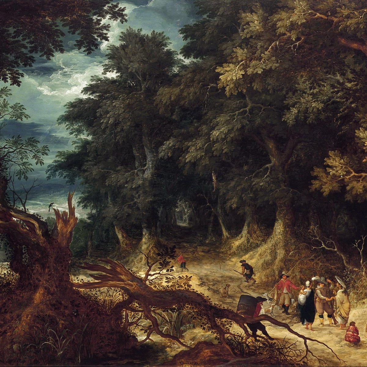 Hand-painted wooded landscape with travelers on a forest path oil painting on canvas