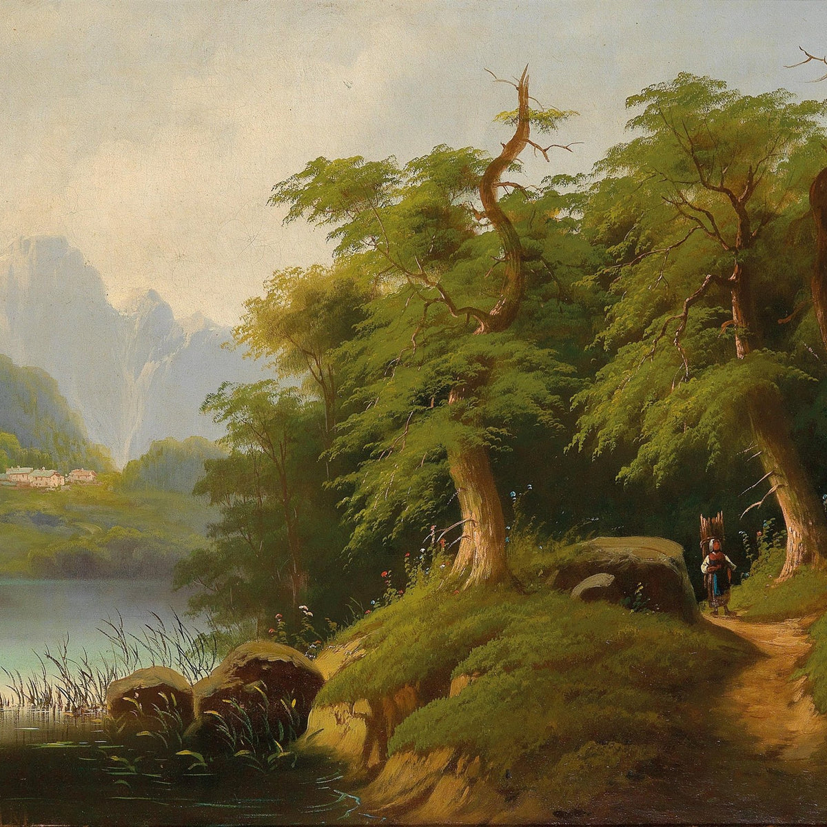 Woodland Path by a Quiet Lake, Mountains – Landscape Oil Painting - Oil Painting Haven