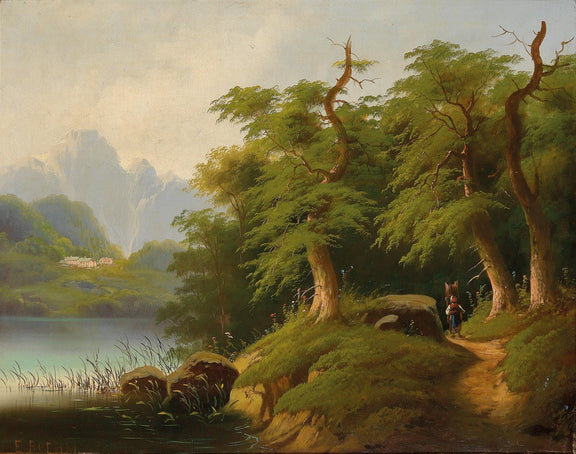 Woodland Path by a Quiet Lake, Mountains – Landscape Oil Painting - Oil Painting Haven