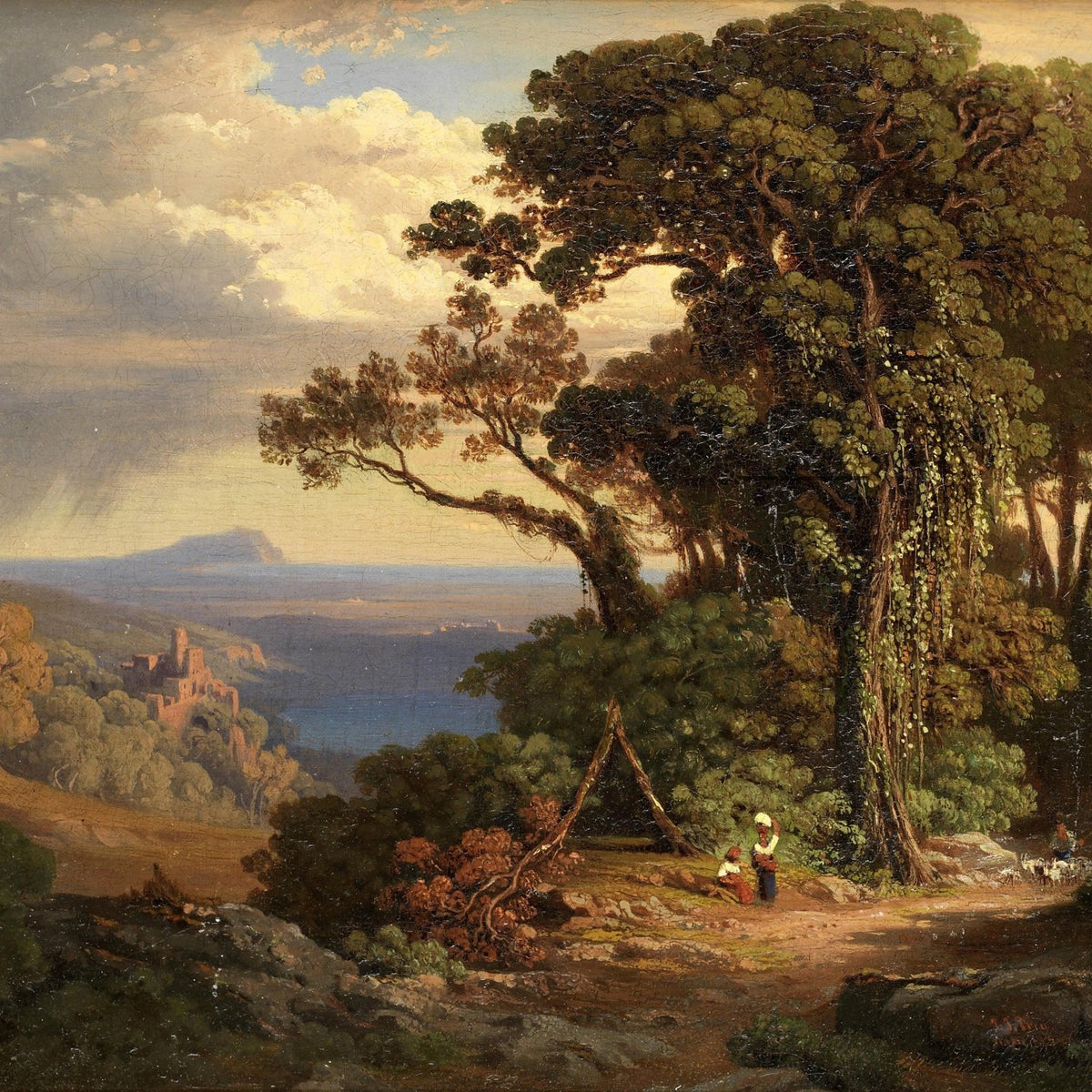 Woodland Path with Distant Ruins | Hand - Painted Landscape Oil Painting - Oil Painting Haven