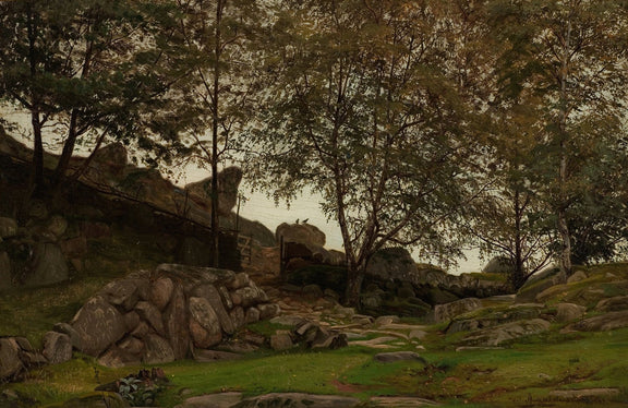 Hand-painted woodland path with trees and stone wall landscape oil painting on canvas