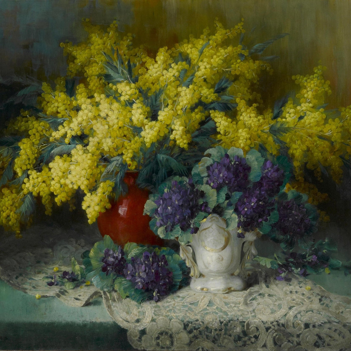 Yellow Mimosa and Violet Bouquet in Vase – Floral Oil Painting - Oil Painting Haven