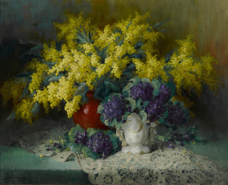 Yellow Mimosa and Violet Bouquet in Vase – Floral Oil Painting - Oil Painting Haven
