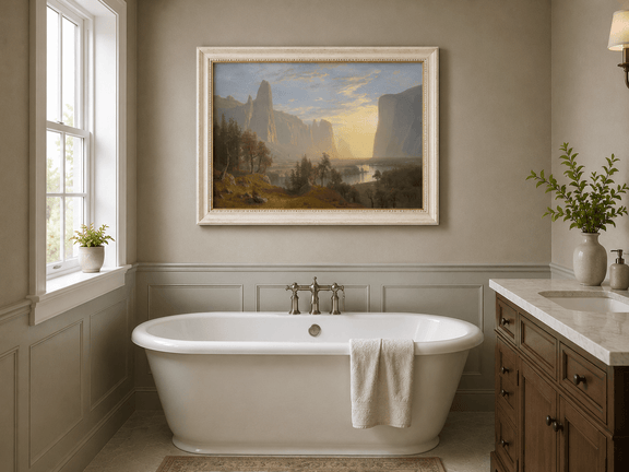 Framed hand-painted Yosemite Valley oil painting with towering cliffs in golden light displayed above a freestanding bathtub.