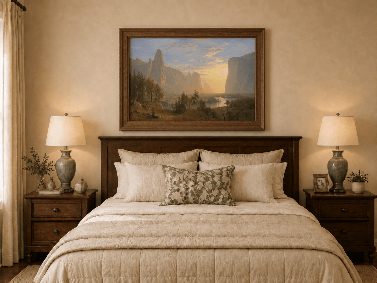 Framed hand-painted Yosemite Valley oil painting with towering cliffs in golden light displayed above a wooden bed in a neutral bedroom.