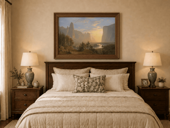 Framed hand-painted Yosemite Valley oil painting with towering cliffs in golden light displayed above a wooden bed in a neutral bedroom.