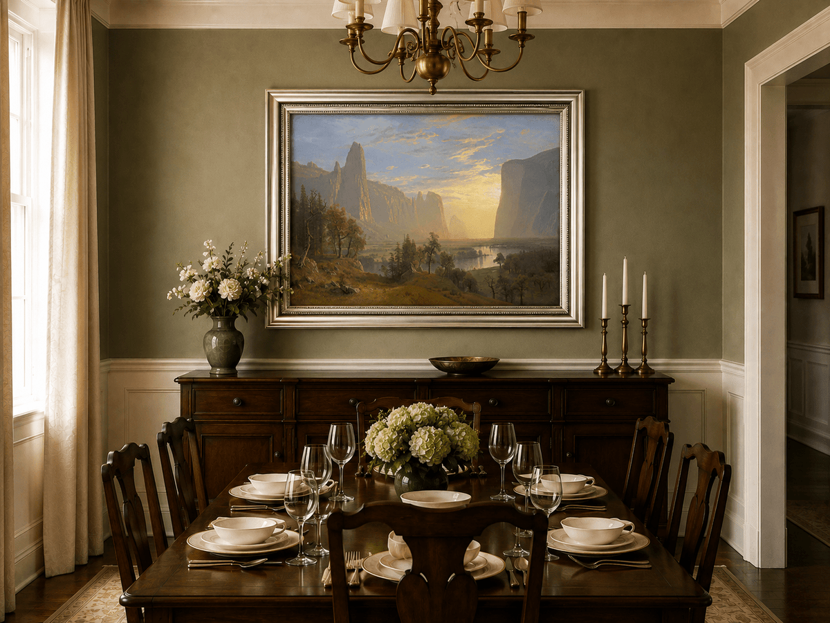 Framed hand-painted Yosemite Valley oil painting with towering cliffs in golden light displayed above a formal dining table.