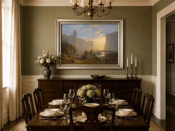 Framed hand-painted Yosemite Valley oil painting with towering cliffs in golden light displayed above a formal dining table.