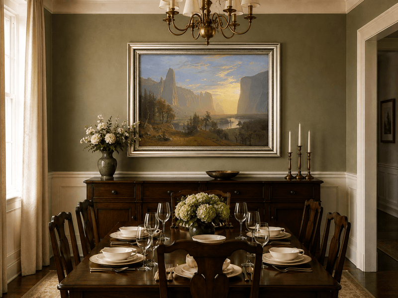 Framed hand-painted Yosemite Valley oil painting with towering cliffs in golden light displayed above a formal dining table.