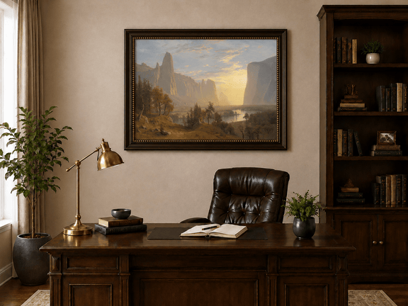Framed hand-painted Yosemite Valley oil painting with towering cliffs in golden light displayed above a traditional home office desk.