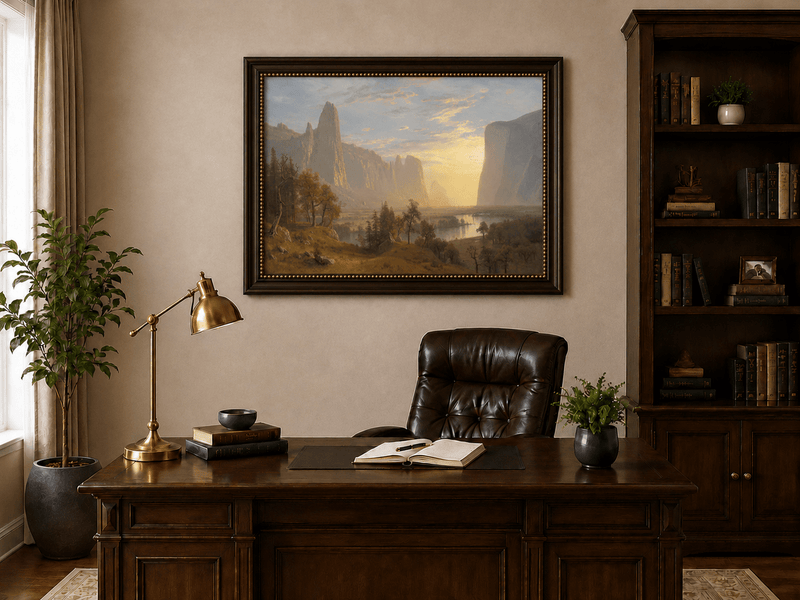 Framed hand-painted Yosemite Valley oil painting with towering cliffs in golden light displayed above a traditional home office desk.