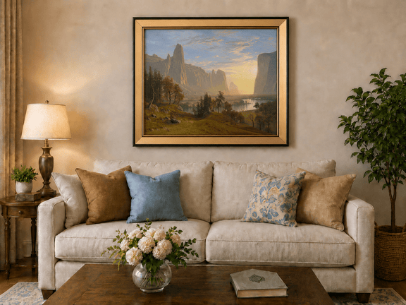 Framed hand-painted Yosemite Valley oil painting with towering cliffs in golden light displayed above a neutral living room sofa.