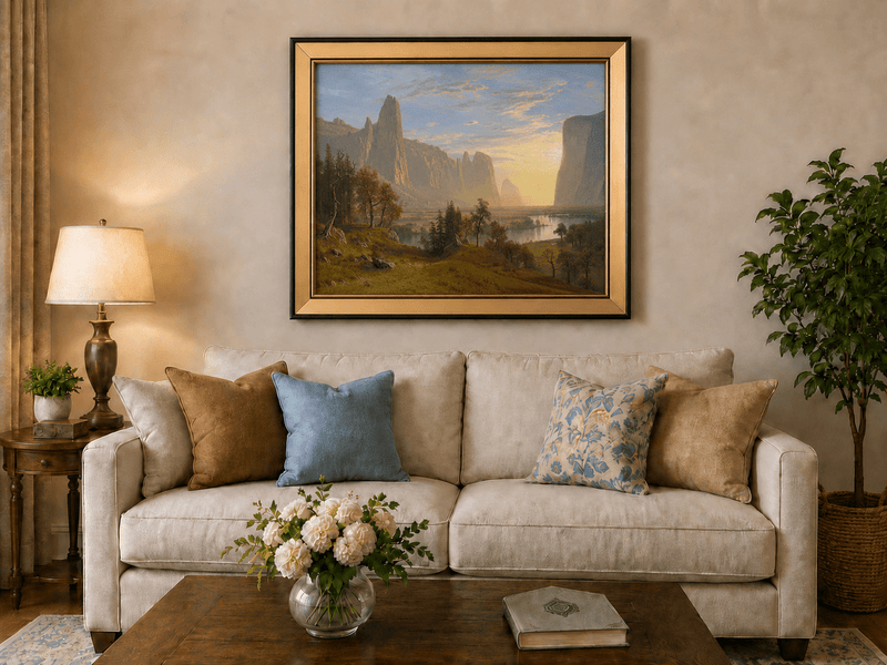 Framed hand-painted Yosemite Valley oil painting with towering cliffs in golden light displayed above a neutral living room sofa.
