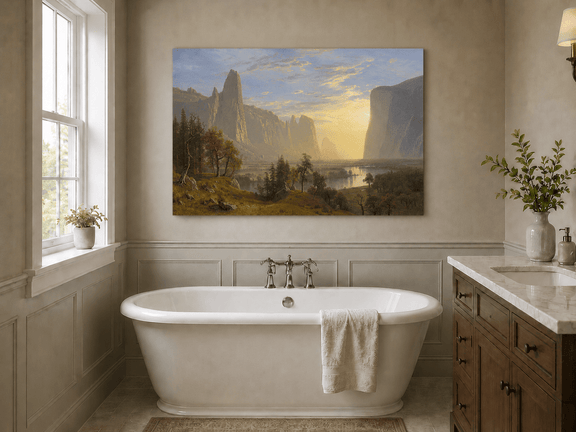 Unframed hand-painted Yosemite Valley oil painting with towering cliffs in golden light displayed above a freestanding bathtub.