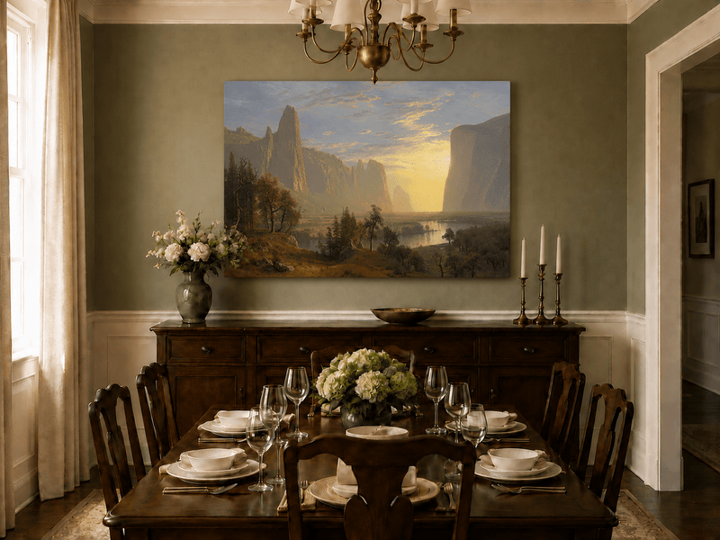 Unframed hand-painted Yosemite Valley oil painting with towering cliffs in golden light displayed above a formal dining table.