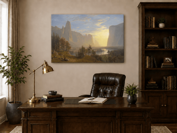 Unframed hand-painted Yosemite Valley oil painting with towering cliffs in golden light displayed above a traditional home office desk.