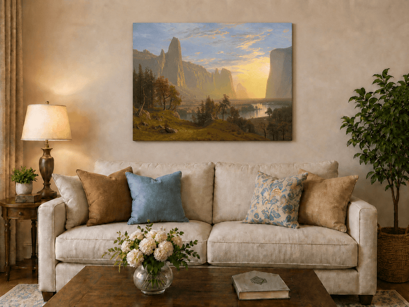 Unframed hand-painted Yosemite Valley oil painting with towering cliffs in golden light displayed above a neutral living room sofa.