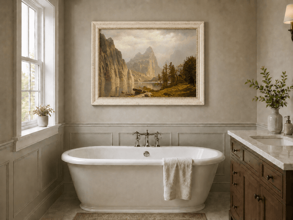 Framed hand-painted Yosemite Valley oil painting with the Merced River and mountain cliffs displayed above a freestanding bathtub.