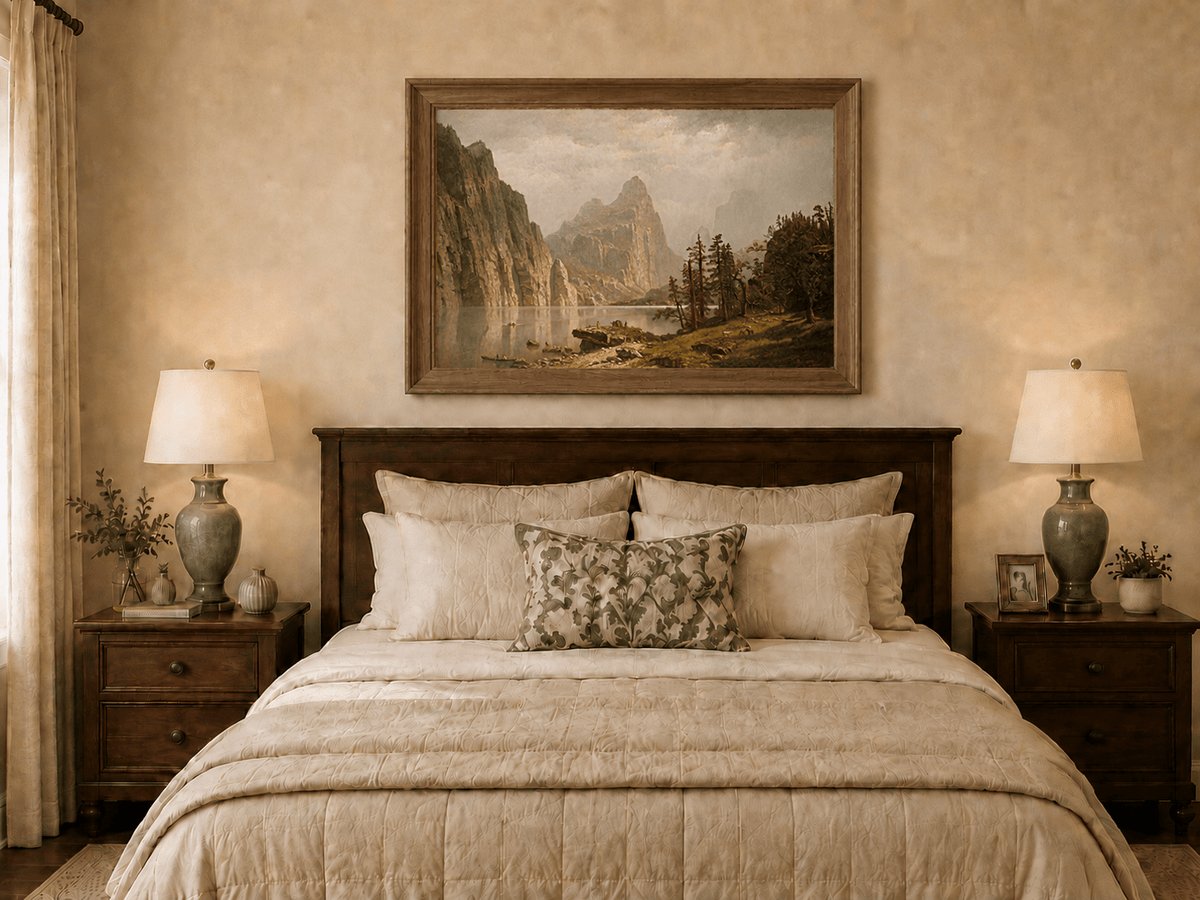 Framed hand-painted Yosemite Valley oil painting with the Merced River and mountain cliffs displayed above a wooden bed in a neutral bedroom.