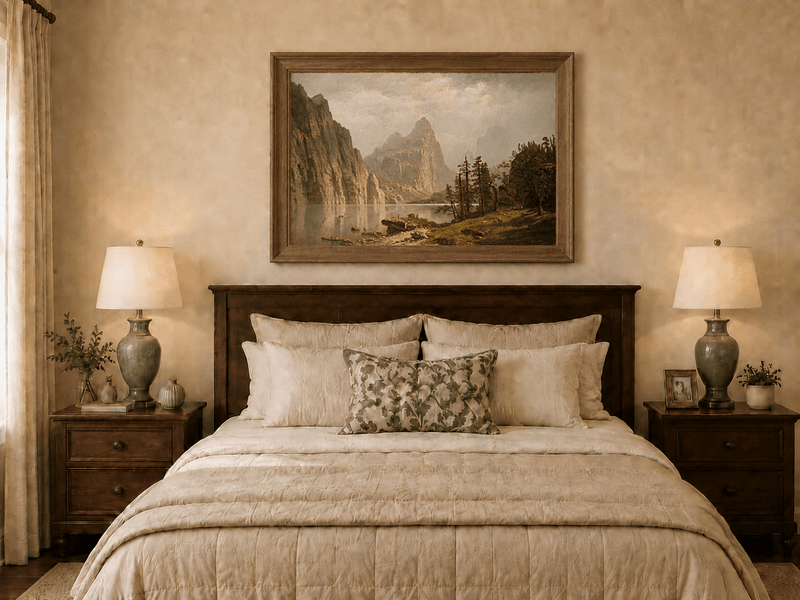 Framed hand-painted Yosemite Valley oil painting with the Merced River and mountain cliffs displayed above a wooden bed in a neutral bedroom.
