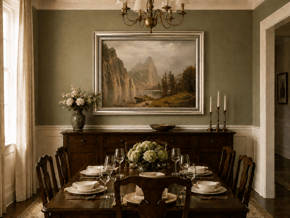 Framed hand-painted Yosemite Valley oil painting with the Merced River and mountain cliffs displayed above a formal dining table.