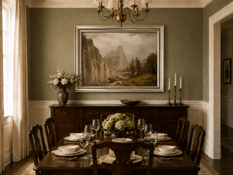 Framed hand-painted Yosemite Valley oil painting with the Merced River and mountain cliffs displayed above a formal dining table.