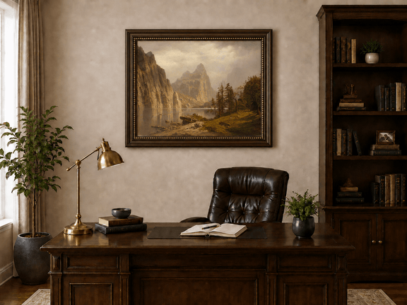 Framed hand-painted Yosemite Valley oil painting with the Merced River and mountain cliffs displayed above a traditional home office desk.