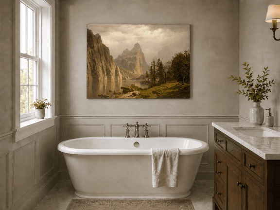 Unframed hand-painted Yosemite Valley oil painting with the Merced River and mountain cliffs displayed above a freestanding bathtub.
