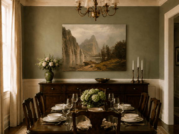 Unframed hand-painted Yosemite Valley oil painting with the Merced River and mountain cliffs displayed above a formal dining table.