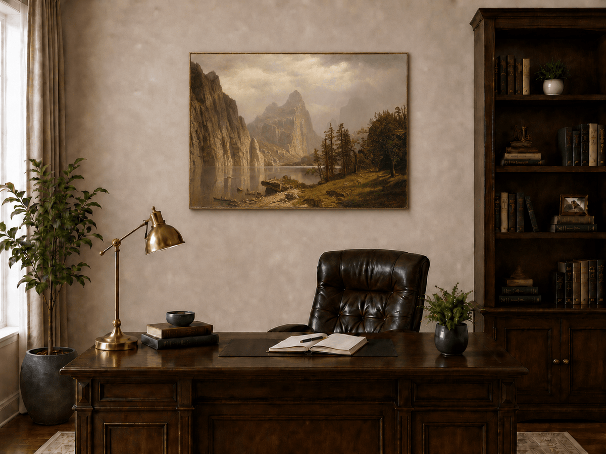Unframed hand-painted Yosemite Valley oil painting with the Merced River and mountain cliffs displayed above a traditional home office desk.