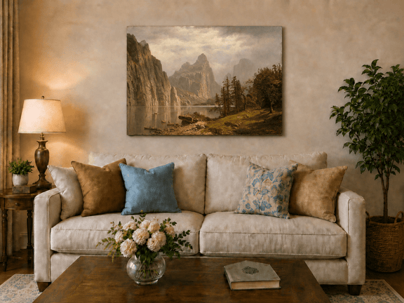 Unframed hand-painted Yosemite Valley oil painting with the Merced River and mountain cliffs displayed above a neutral living room sofa.