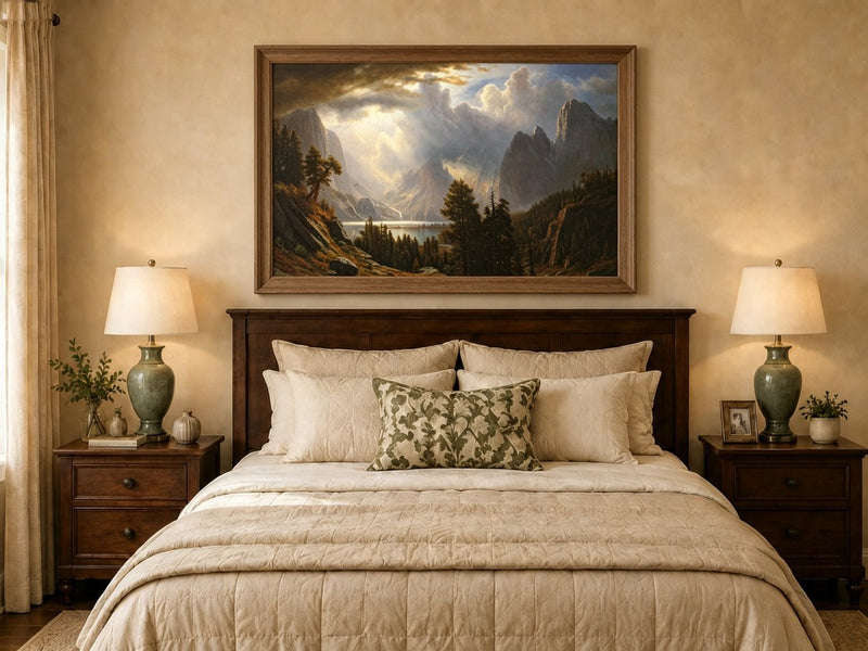 Framed hand-painted Yosemite Valley oil painting with storm clouds and dramatic sunbeams displayed above a wooden bed in a neutral bedroom.