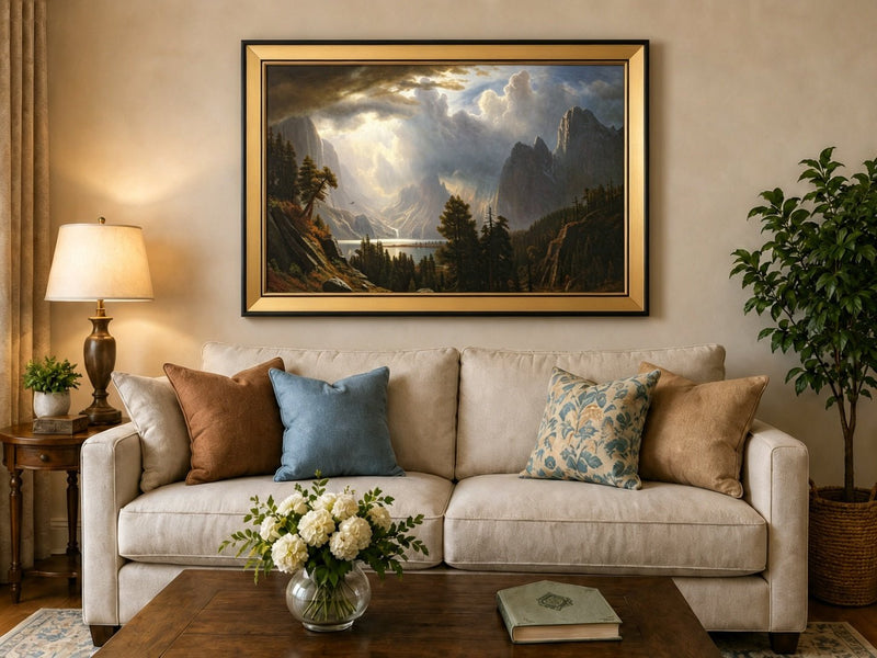 Framed hand-painted Yosemite Valley oil painting with storm clouds and dramatic sunbeams displayed above a neutral living room sofa.