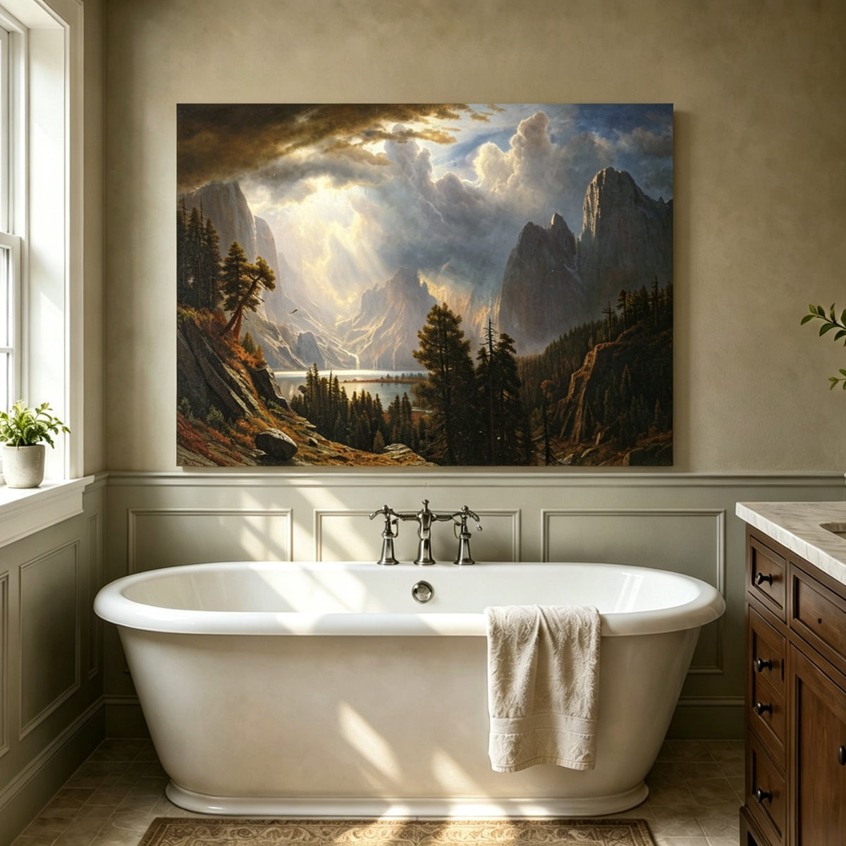 Unframed hand-painted Yosemite Valley oil painting with storm clouds and dramatic sunbeams displayed above a freestanding bathtub.