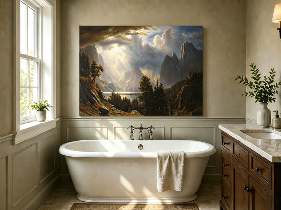 Unframed hand-painted Yosemite Valley oil painting with storm clouds and dramatic sunbeams displayed above a freestanding bathtub.