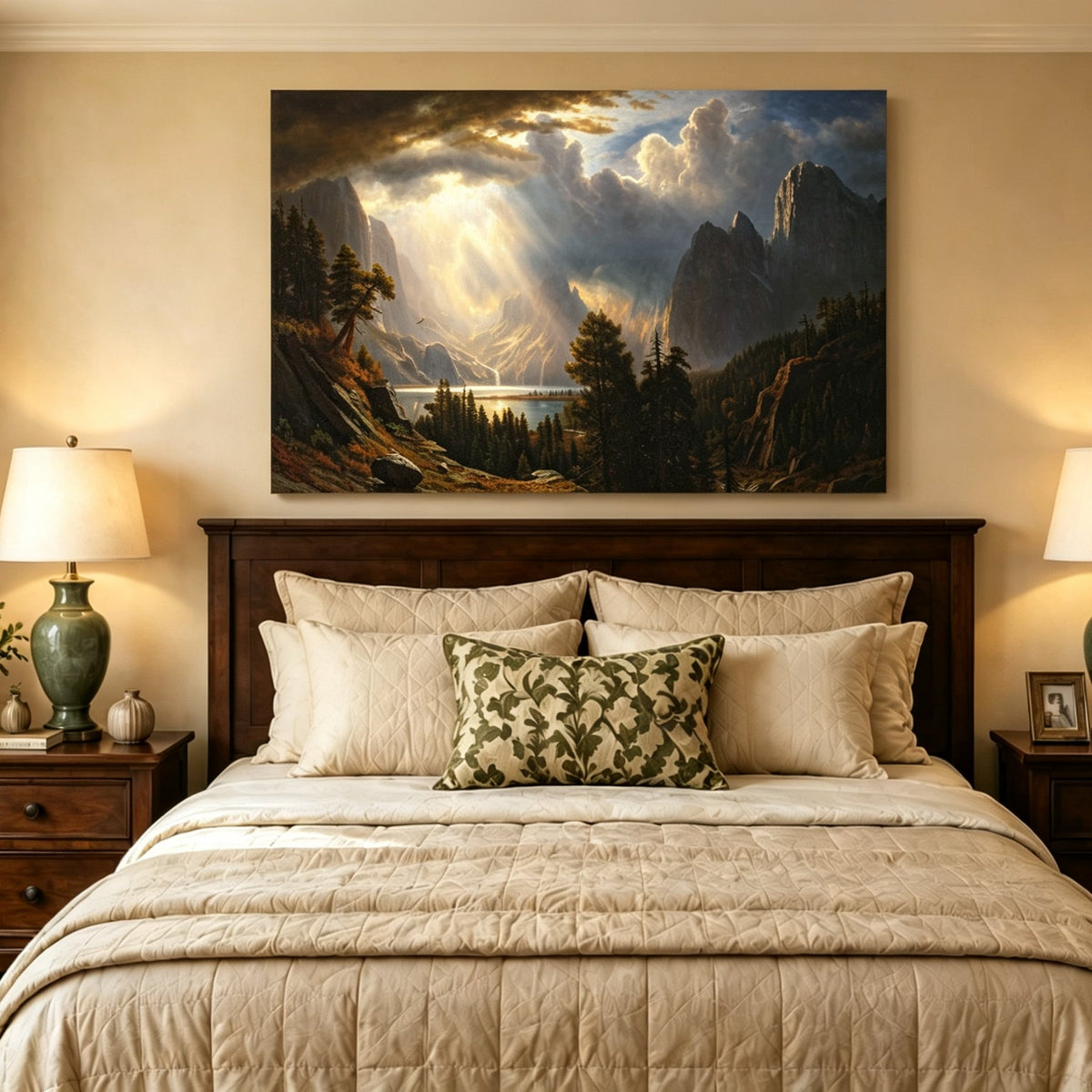 Unframed hand-painted Yosemite Valley oil painting with storm clouds and dramatic sunbeams displayed above a wooden bed in a neutral bedroom.
