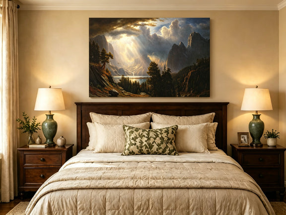 Unframed hand-painted Yosemite Valley oil painting with storm clouds and dramatic sunbeams displayed above a wooden bed in a neutral bedroom.
