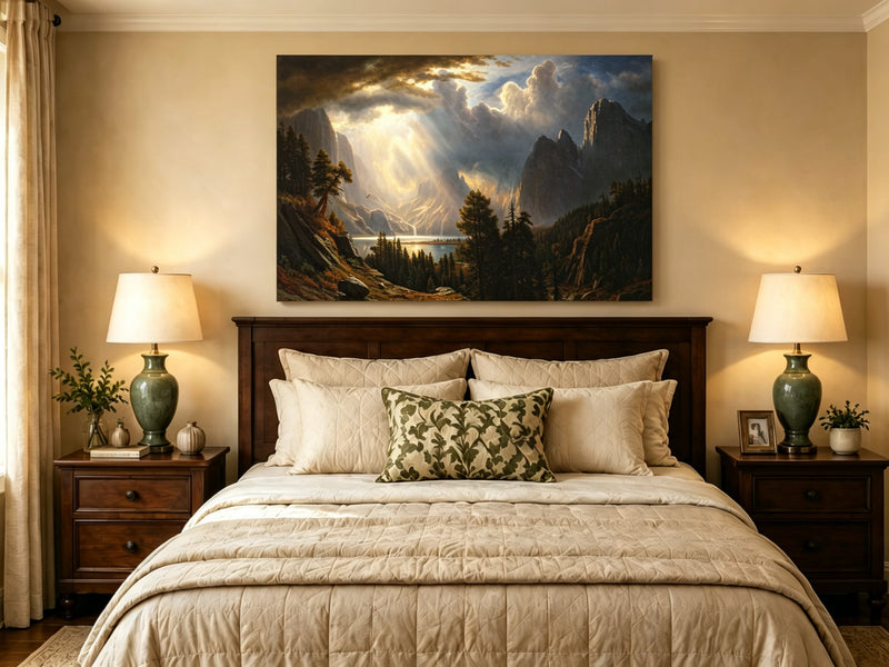 Unframed hand-painted Yosemite Valley oil painting with storm clouds and dramatic sunbeams displayed above a wooden bed in a neutral bedroom.
