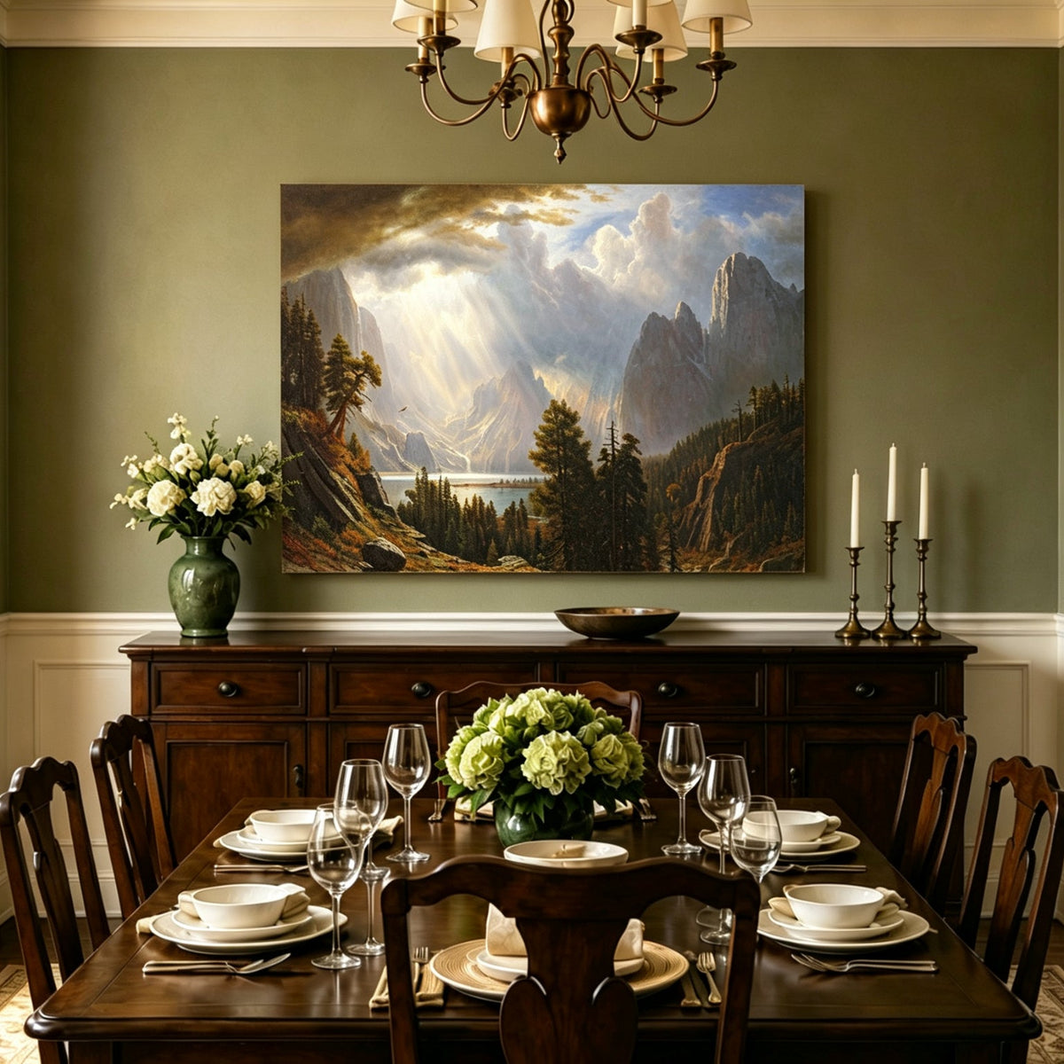 Unframed hand-painted Yosemite Valley oil painting with storm clouds and dramatic sunbeams displayed above a formal dining table.