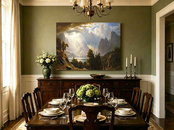 Unframed hand-painted Yosemite Valley oil painting with storm clouds and dramatic sunbeams displayed above a formal dining table.