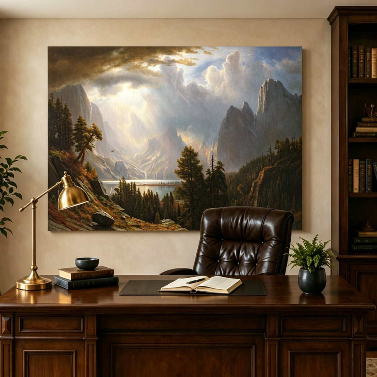 Unframed hand-painted Yosemite Valley oil painting with storm clouds and dramatic sunbeams displayed above a traditional home office desk.