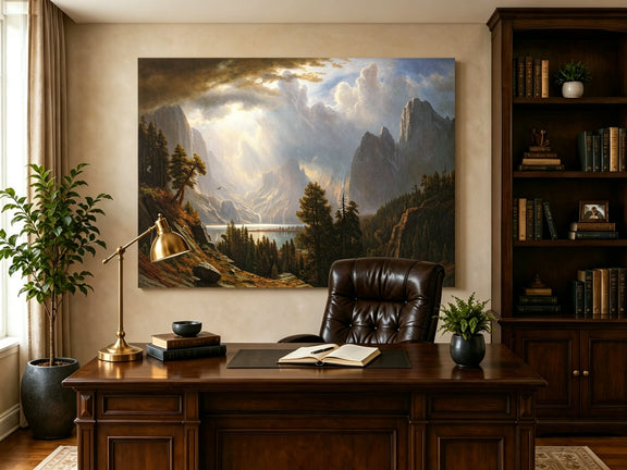 Unframed hand-painted Yosemite Valley oil painting with storm clouds and dramatic sunbeams displayed above a traditional home office desk.