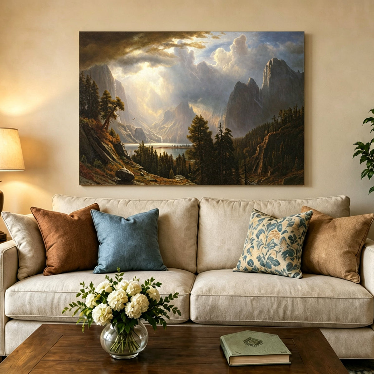 Unframed hand-painted Yosemite Valley oil painting with storm clouds and dramatic sunbeams displayed above a neutral living room sofa.