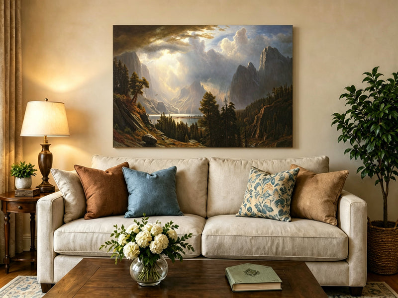 Unframed hand-painted Yosemite Valley oil painting with storm clouds and dramatic sunbeams displayed above a neutral living room sofa.