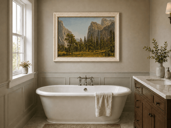 Framed hand-painted Yosemite Valley oil painting with a waterfall and towering granite cliffs displayed above a freestanding bathtub.
