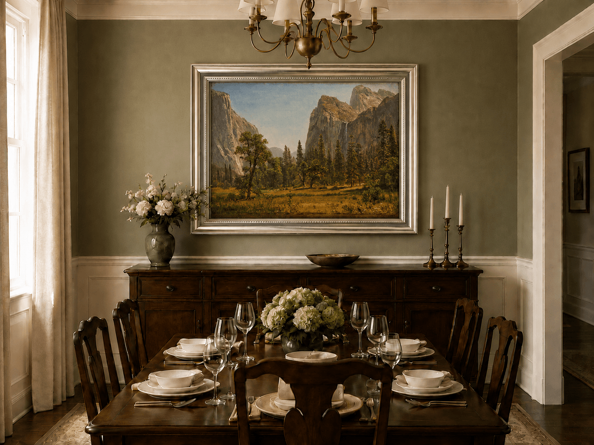 Framed hand-painted Yosemite Valley oil painting with a waterfall and towering granite cliffs displayed above a formal dining table.