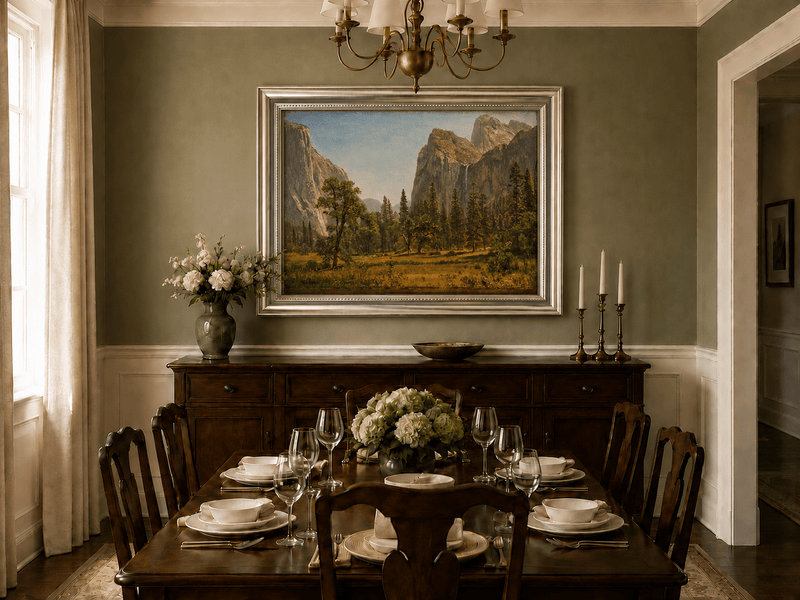 Framed hand-painted Yosemite Valley oil painting with a waterfall and towering granite cliffs displayed above a formal dining table.