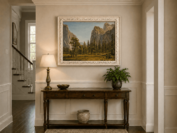 Framed hand-painted Yosemite Valley oil painting with a waterfall and towering granite cliffs displayed above an entryway console table.