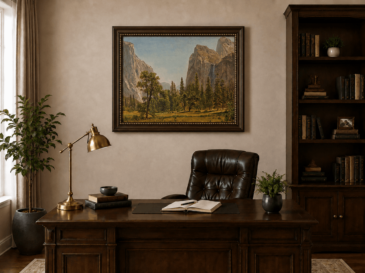 Framed hand-painted Yosemite Valley oil painting with a waterfall and towering granite cliffs displayed above a traditional home office desk.